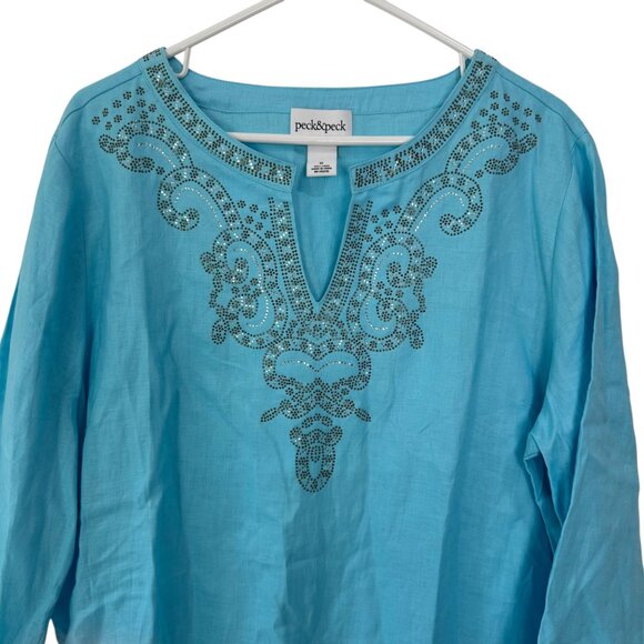 Peck & Peck Blue Embroidered Linen Tunic Top 3/4 Sleeves & Split Neckline-SZ XL - Picture 6 of 12